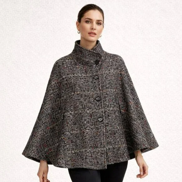 Toni T Gray Tweed Cape Jacket Size 3X Wool Alpaca Blend Button Front Poncho Coat - Picture 2 of 16